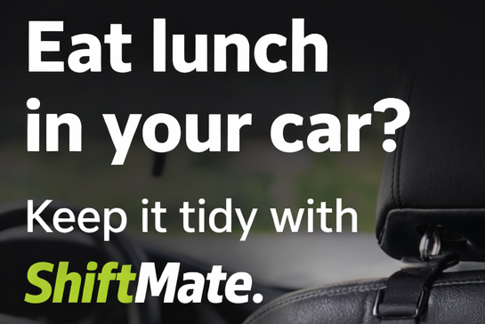 Advertisement for ShiftMate product showing a car cup holder with food and promotional text.