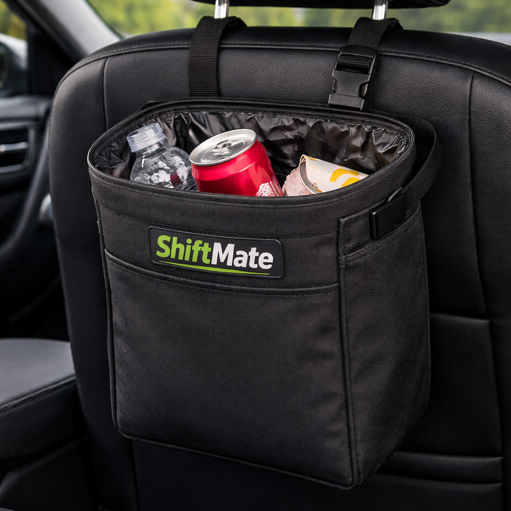 Car seat back organizer withShiftMate branding, holding drinks and snacks.