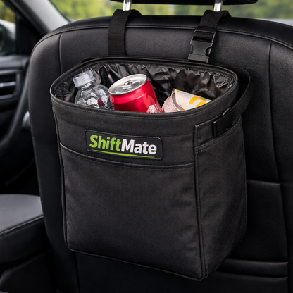Car seat back organizer withShiftMate branding, holding drinks and snacks.
